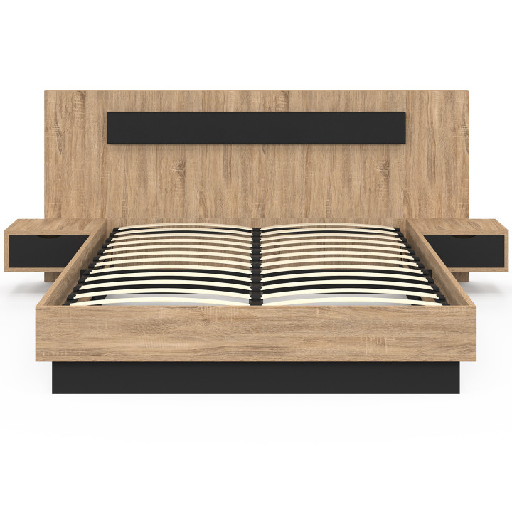 Hout en zwart tweepersoonsbed 140 x 190 cm met boxspring en nachtkastjes - SANTA | IdMarket