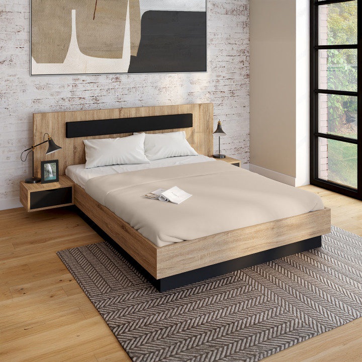 Doppelkastenbett 140 x 190 cm Holz und Schwarz mit Bettkasten und Nachttischen - SANTA | IdMarket