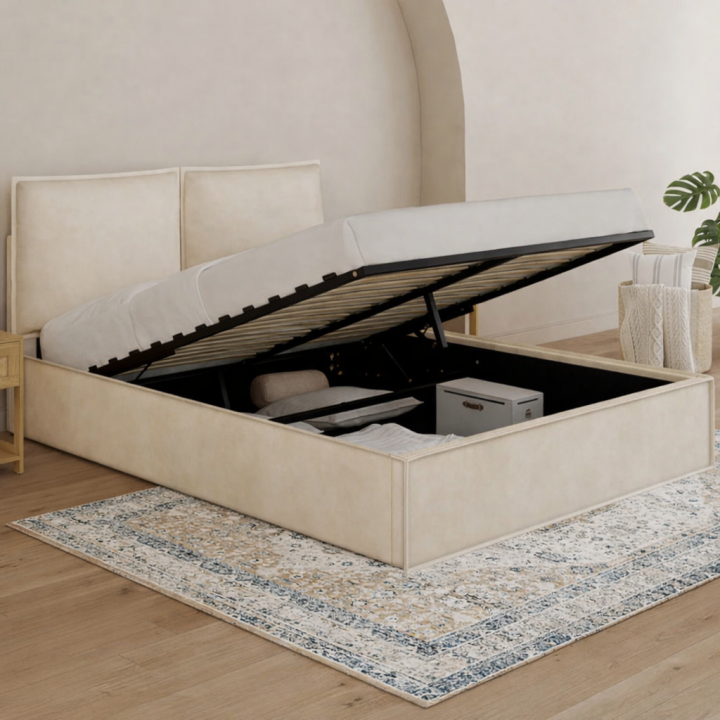 Letto matrimoniale a cassettone, testata, cuscino, base in velluto beige - PILOU | PILOU.COMIDMarket