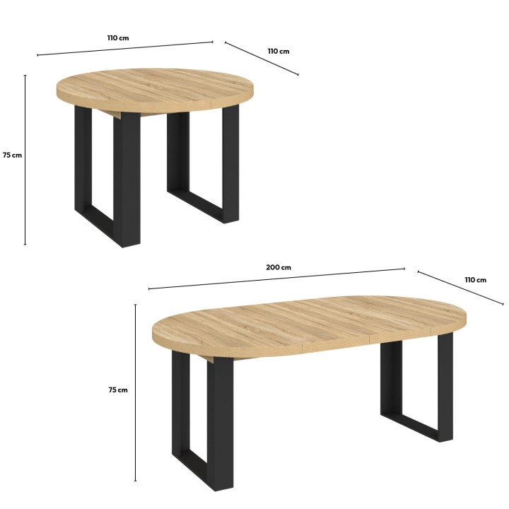 Table à manger extensible ronde PHOENIX 4-10 personnes bois et noir 110-200 cm