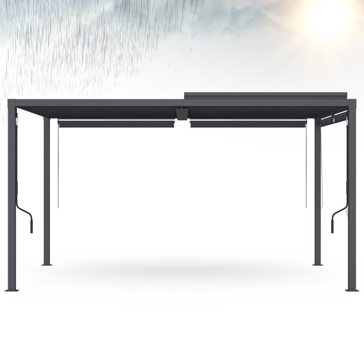 Pergola bioclimatique lames orientables acier 3x4 M et 4 stores gris anthracite