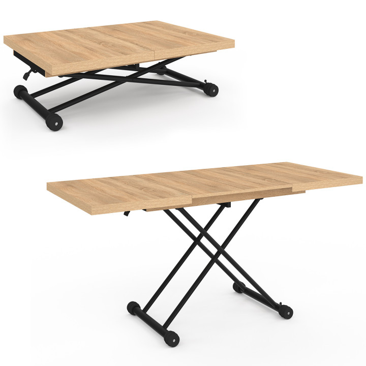 Table basse extensible relevable en table à manger rectangulaire ALTURA bois et noir design industriel