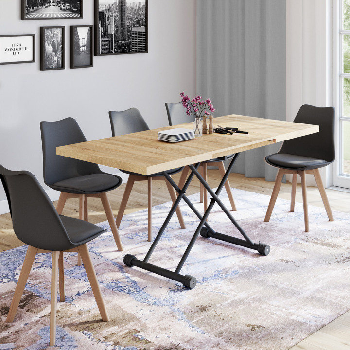 Couchtisch ausziehbar hochklappbar in rechteckigen Esstisch ALTURA Holz und schwarz Industriedesign