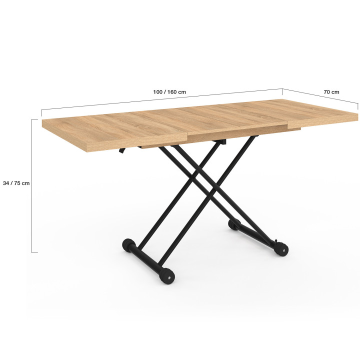 ALTURA hout en zwart industrieel design salontafel, uitschuifbaar en om te bouwen tot een rechthoekige eettafel