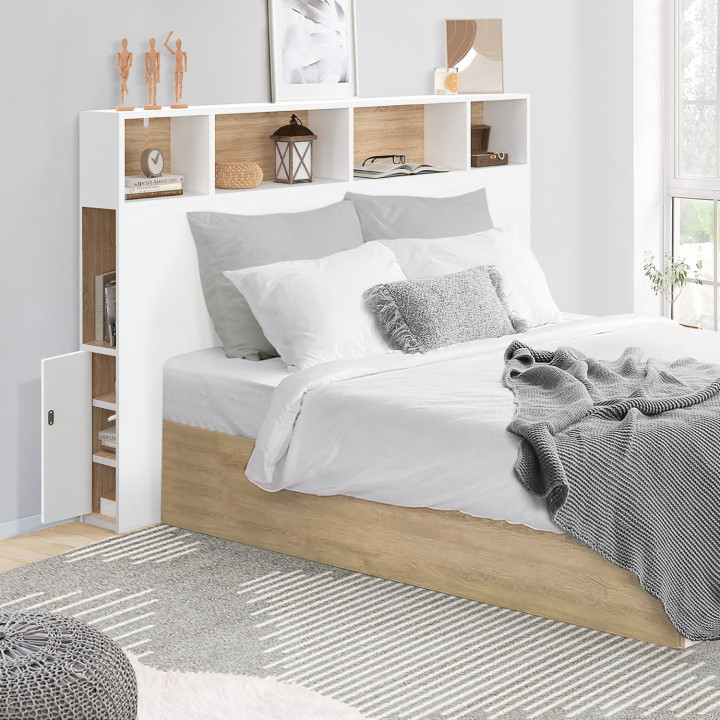 Kopfteil mit Stauraum weiß und Buchenholzoptik 145 cm - CLEO | ID Market