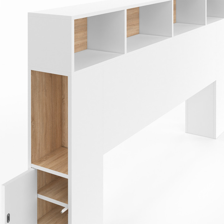 Tête de lit sur pied CLEO 145 cm avec rangements fermés et niches blanc et façon hêtre