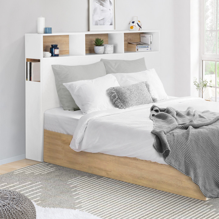 Kopfteil mit Stauraum weiß und Buchenholzoptik 145 cm - CLEO | ID Market