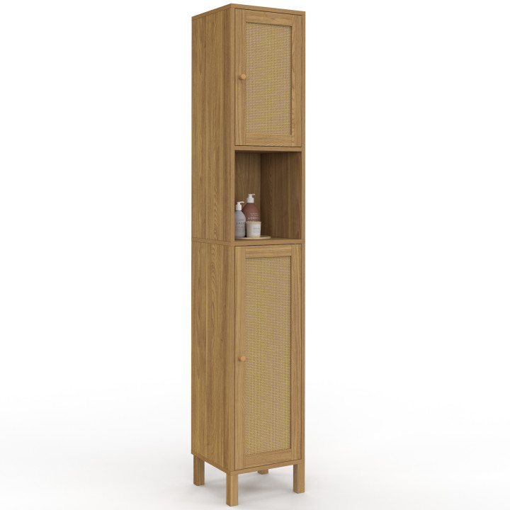 Mobile a colonna da bagno HANAE a 2 ante e 1 nicchia, effetto naturale intrecciato