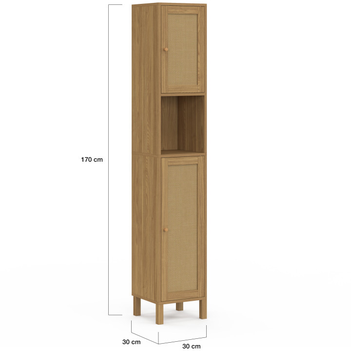 Mobile a colonna da bagno HANAE a 2 ante e 1 nicchia, effetto naturale intrecciato