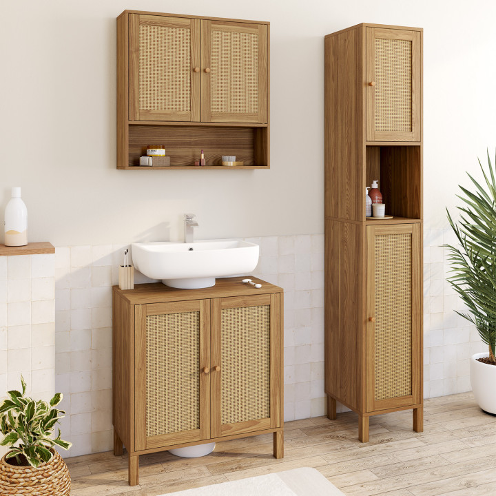 Mobile a colonna da bagno HANAE a 2 ante e 1 nicchia, effetto naturale intrecciato
