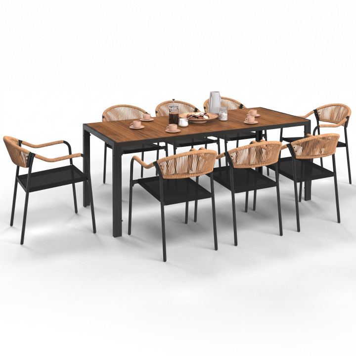 Salon de jardin MADEIRA table 190 cm et 8 chaises cordage et textilène noir et rotin clair