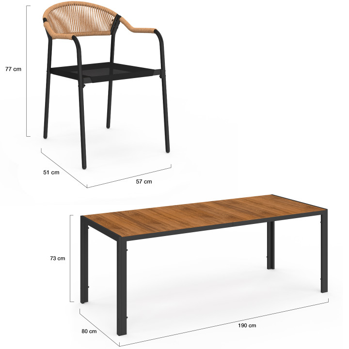 Gartenmöbel Tisch 190 cm und 8 Stühle Seil und Textilene schwarz und Rattan hell - MADEIRA | IdMarket