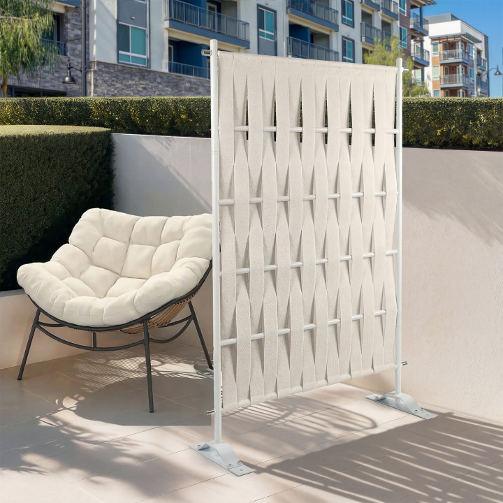 Paravento decorativo 80 x 150 cm in fettuccia beige e metallo bianco