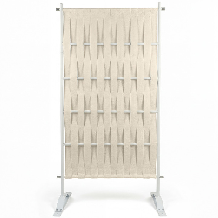 Paravento decorativo 80 x 150 cm in fettuccia beige e metallo bianco