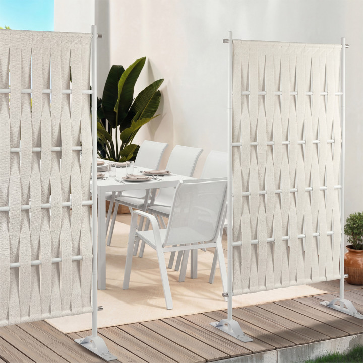 Paravento decorativo 80 x 150 cm in fettuccia beige e metallo bianco