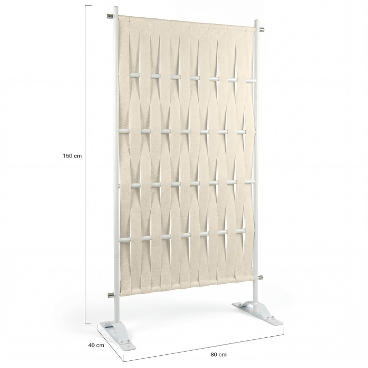 Paravento decorativo 80 x 150 cm in fettuccia beige e metallo bianco