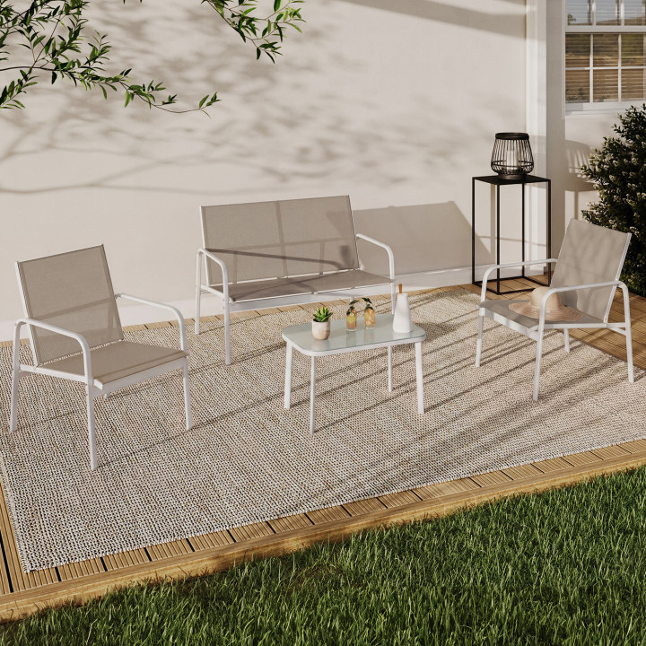 4-zits lage tuinset MALTE met zwart en houten bank, fauteuils en tafel