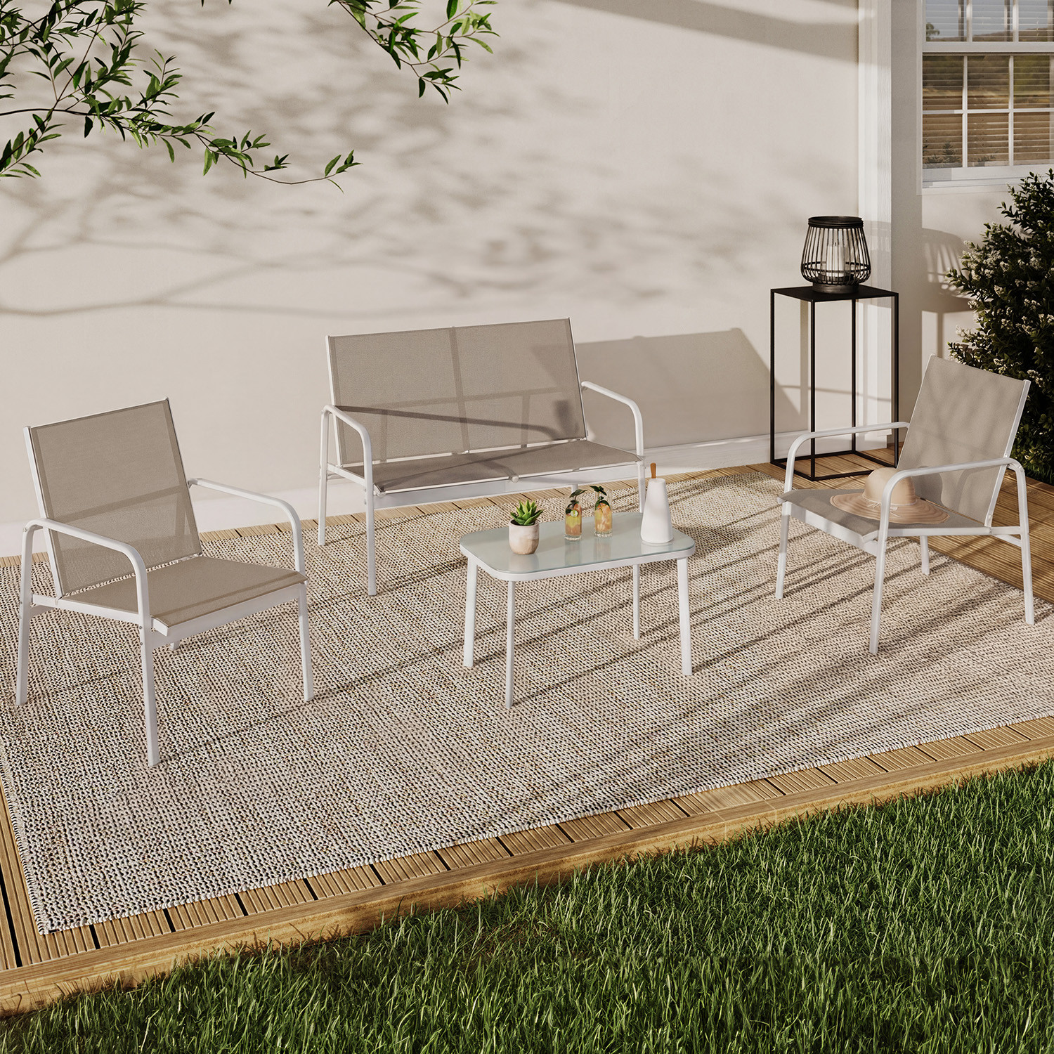 Salon de jardin bas 4 places avec canapé, fauteuils et table blanc et beige