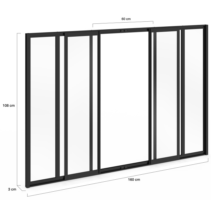 Zwart metaal en gehard glas 6-glass schuifdak B. 160 x H. 108 cm