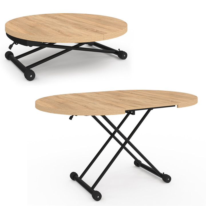 ALTURA uitschuifbare salontafel die kan worden veranderd in een ronde eettafel met een beukenlook blad en zwarte industriële des