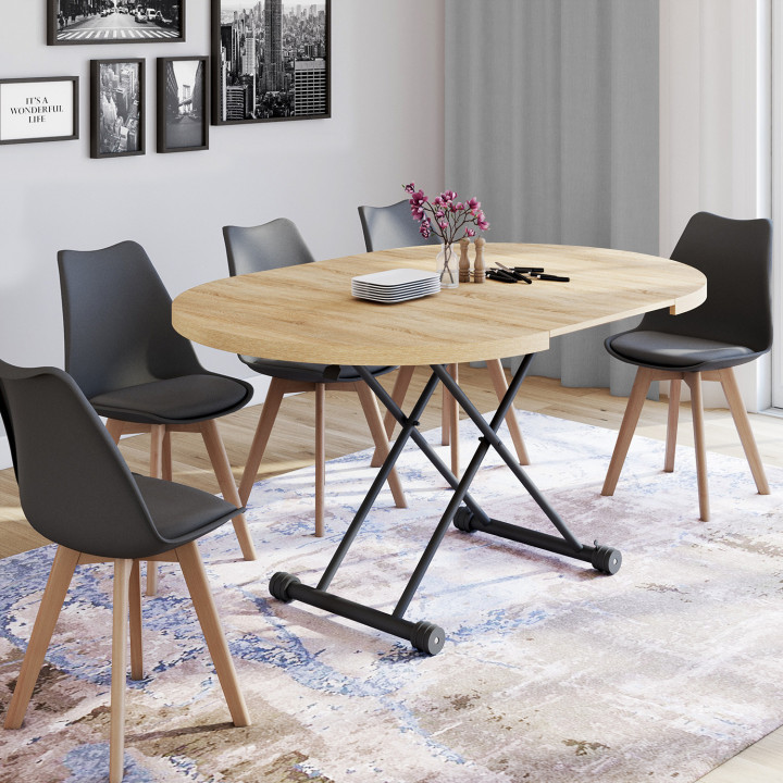 Table basse extensible relevable en table à manger ronde ALTURA bois et noir design industriel