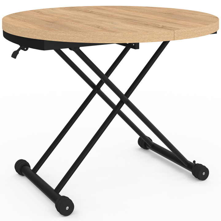 Table basse extensible relevable en table à manger ronde ALTURA bois et noir design industriel