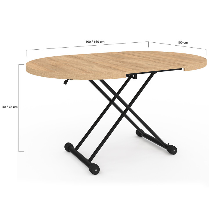 ALTURA uitschuifbare salontafel die kan worden veranderd in een ronde eettafel met een beukenlook blad en zwarte industriële des