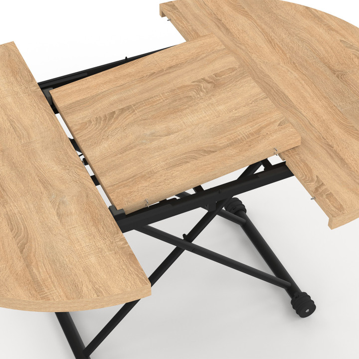 Couchtisch ausziehbar zu einem runden Esstisch ALTURA Tischplatte in Bucheoptik Fuß schwarz Industriedesign