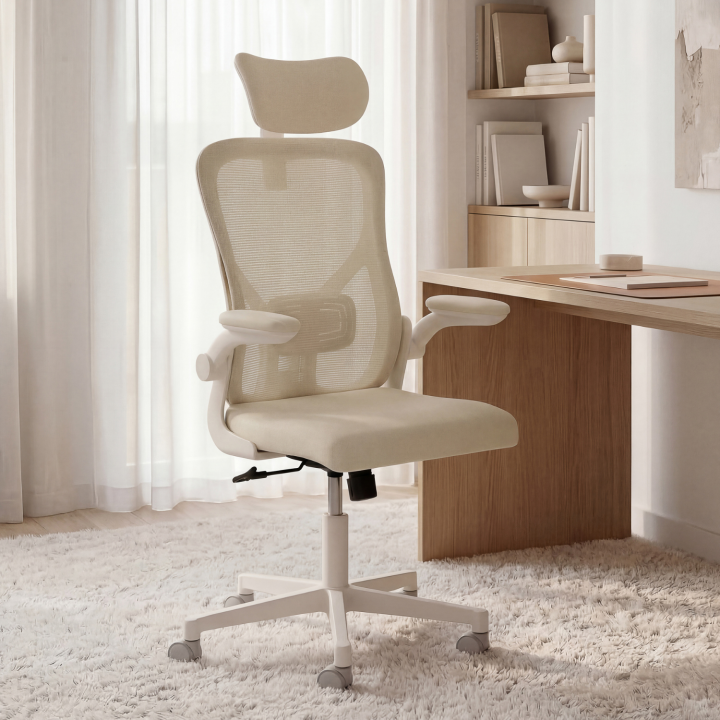 Sedia da ufficio ergonomica JAMES in tessuto traspirante e poggiatesta con rotelle beige e bianche