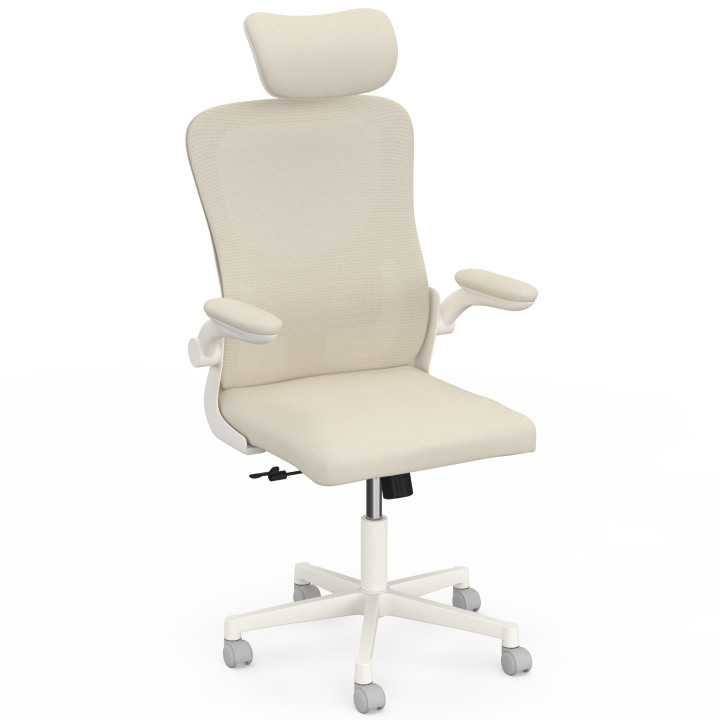 Sedia da ufficio ergonomica JAMES in tessuto traspirante e poggiatesta con rotelle beige e bianche