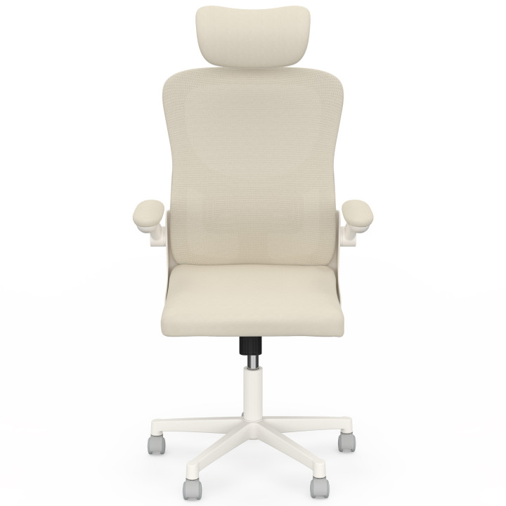 Sedia da ufficio ergonomica JAMES in tessuto traspirante e poggiatesta con rotelle beige e bianche