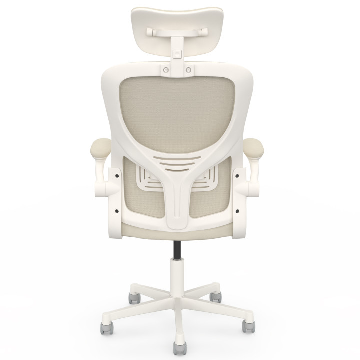 Sedia da ufficio ergonomica JAMES in tessuto traspirante e poggiatesta con rotelle beige e bianche