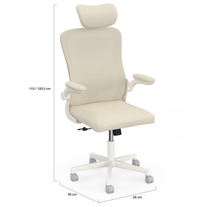 Sedia da ufficio ergonomica JAMES in tessuto traspirante e poggiatesta con rotelle beige e bianche