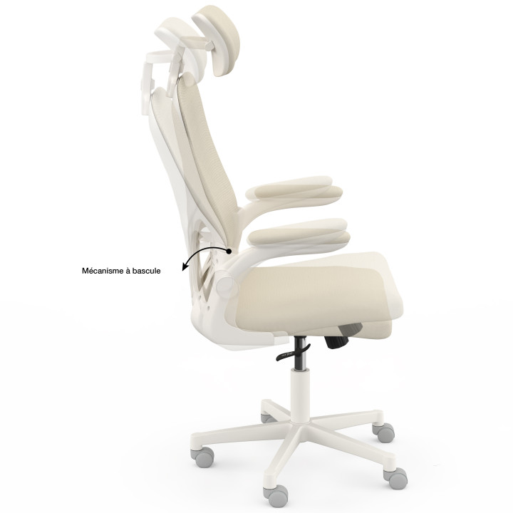 Sedia da ufficio ergonomica JAMES in tessuto traspirante e poggiatesta con rotelle beige e bianche