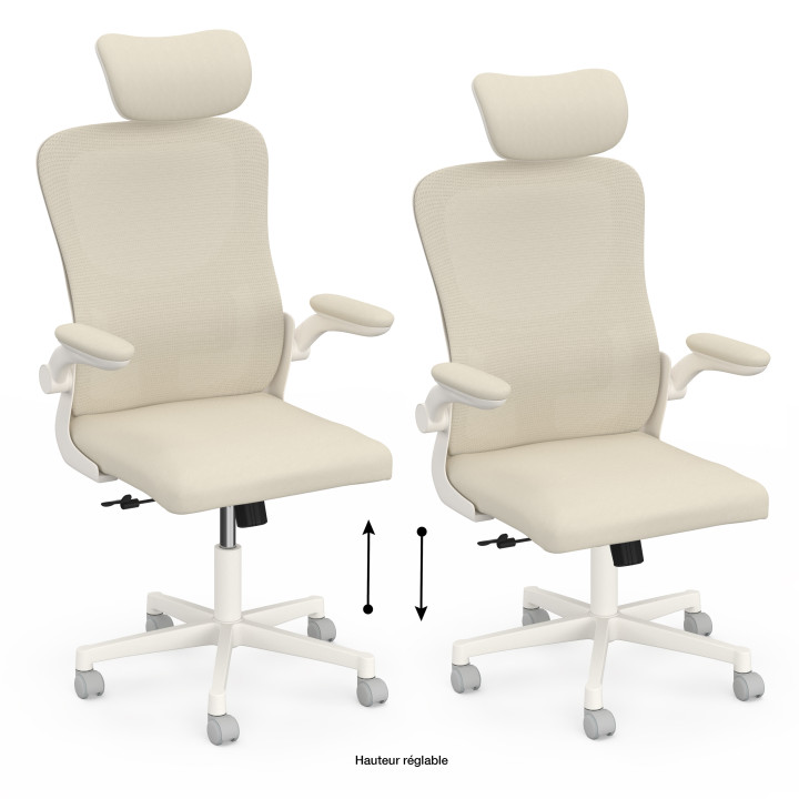 Sedia da ufficio ergonomica JAMES in tessuto traspirante e poggiatesta con rotelle beige e bianche
