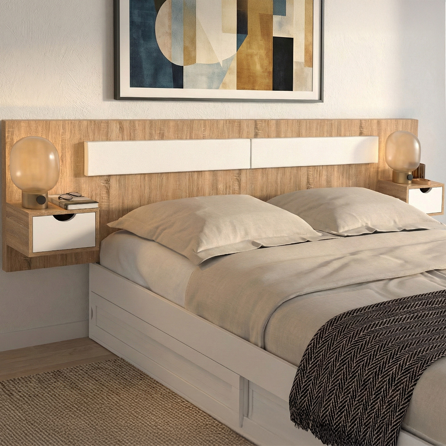 Tête de lit suspendue avec chevets pour lit 140, 160 et 180 cm bois et blanc