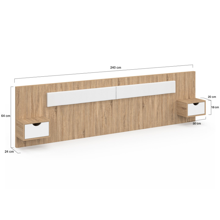 Testata sospesa SANTA con comodini per letti da 140, 160 e 180 cm in legno e bianco