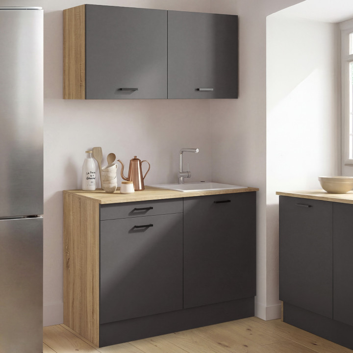 Cuisine complète kitchenette 120 cm  SUBTIL avec plan de travail 3 éléments bois et noir