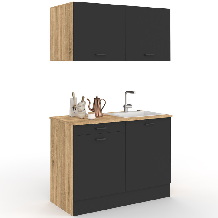 Volledig uitgeruste kitchenette van 120 cm van STIL met een werkblad bestaande uit 3 elementen in hout en zwart