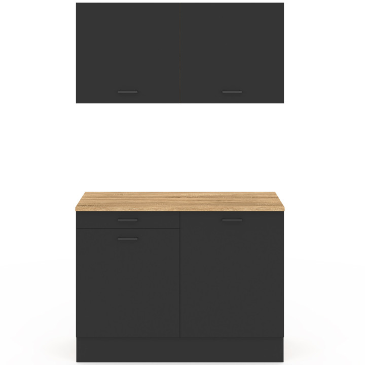 Angolo cottura completo STIL da 120 cm con piano di lavoro a 3 elementi in legno e nero