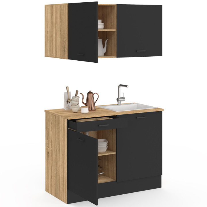 Cuisine complète kitchenette 120 cm  SUBTIL avec plan de travail 3 éléments bois et noir