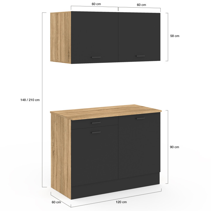 Cocina completa tipo «kitchenette» de 120 cm de STIL con encimera de tres elementos en madera y negro