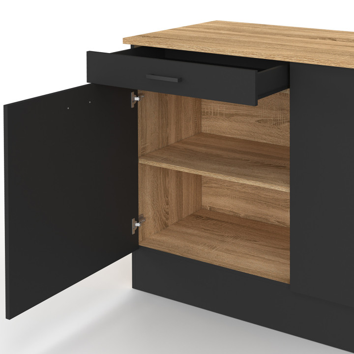 Volledig uitgeruste kitchenette van 120 cm van STIL met een werkblad bestaande uit 3 elementen in hout en zwart