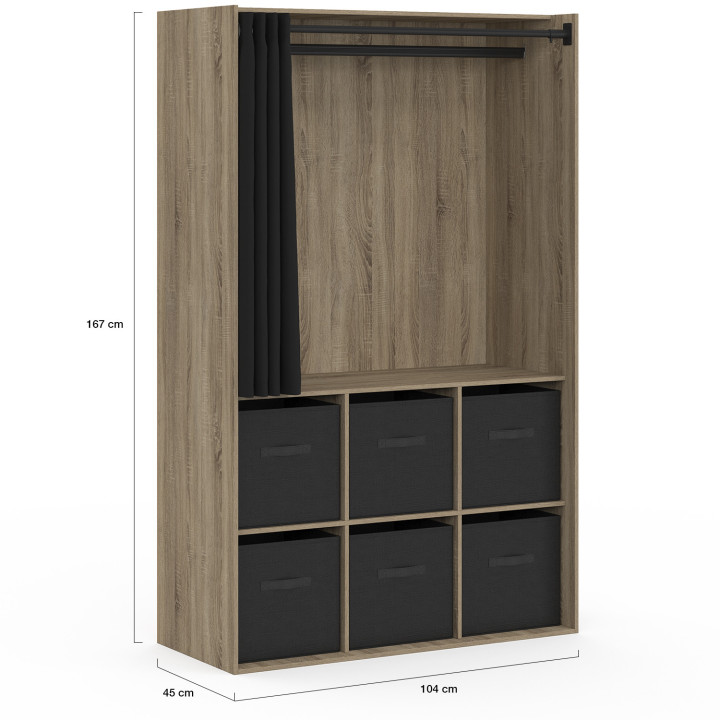 Dressing penderie DIANE 104 x 50 x 172 cm hêtre avec 6 boites de rangement + rideau noir