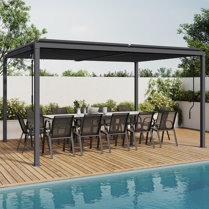 Pergola bioclimatica a lamelle orientabili 3x4 M in acciaio grigio antracite