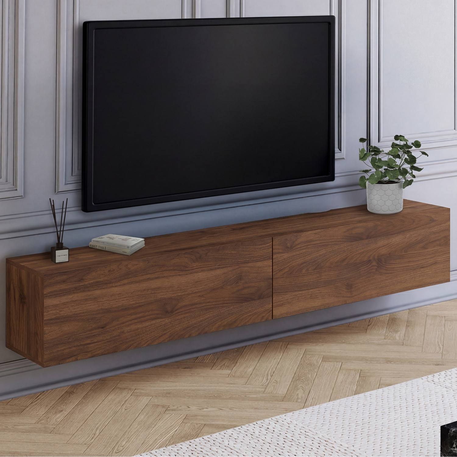 IDMARKET Meuble Tv 180 Cm Suspendu Elio 2 Portes Bois Effet Noyer