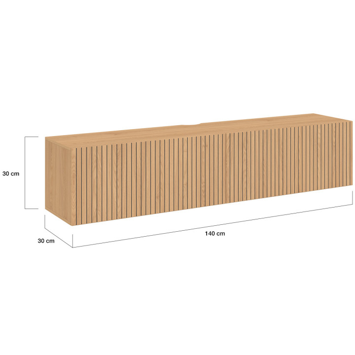 Meuble TV 140 cm suspendu JULIETTE lattes tasseau bois coloris chêne
