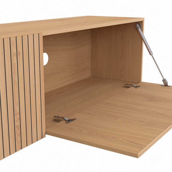 Meuble TV 140 cm suspendu JULIETTE lattes tasseau bois coloris chêne