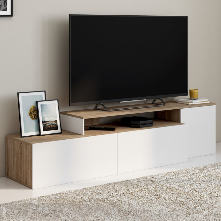 Mobile TV modulare 180-240 cm ad angolo rotante in legno e bianco - BASILE