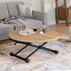 Table basse extensible relevable en table à manger ronde ALTURA plateau façon hêtre pied noir design industriel